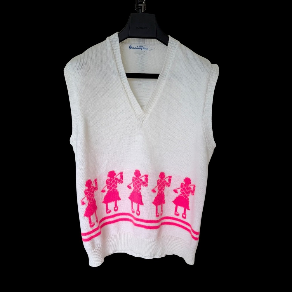 Knitwear by Karen Vintage Golf Sweater Vest Neon Pink White V-Neck Large
